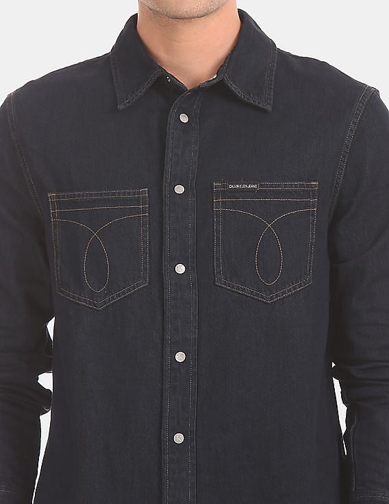 Calvin Klein Men Dark Blue Long Sleeve Utility Denim Casual Shirt
