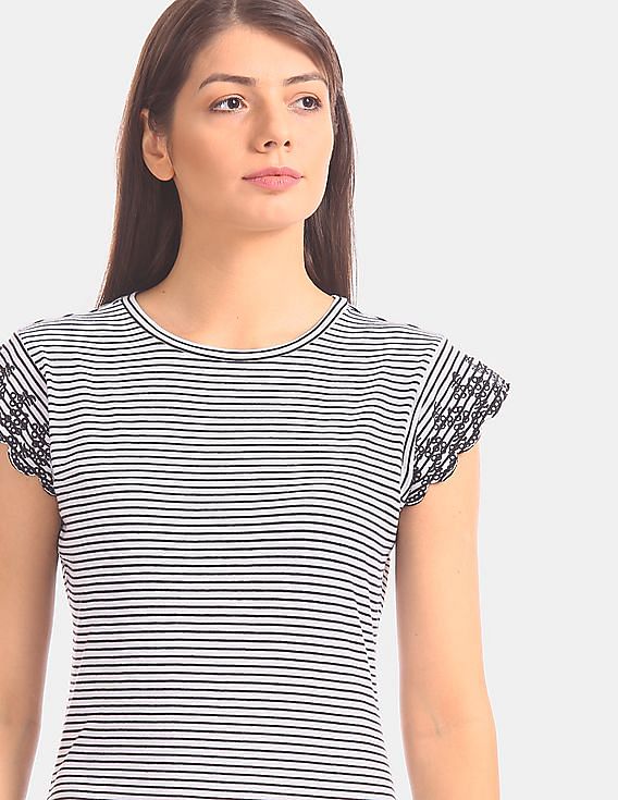 U.S. Polo Assn. Women White Cap Sleeve Striped Top