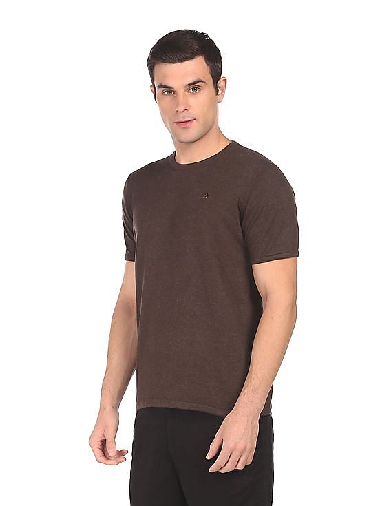 Buy Arrow Men Dark Brown Ribbed Neck Premium Heathered T-Shirt 