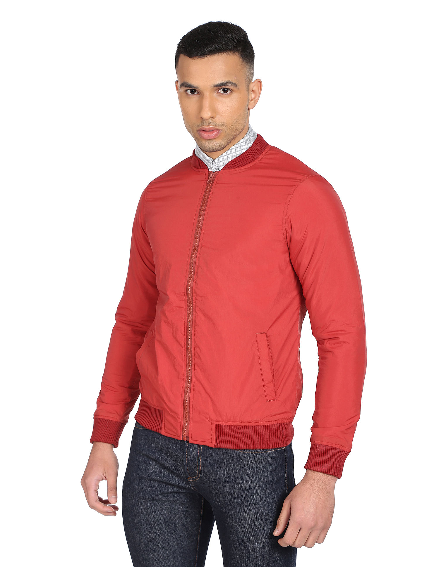 Buy Ruggers Men Red Stand Collar Nylon Bomber Jacket 