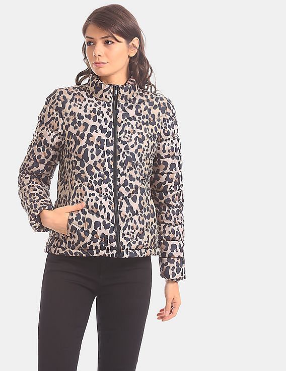 gap womens leopard puffer