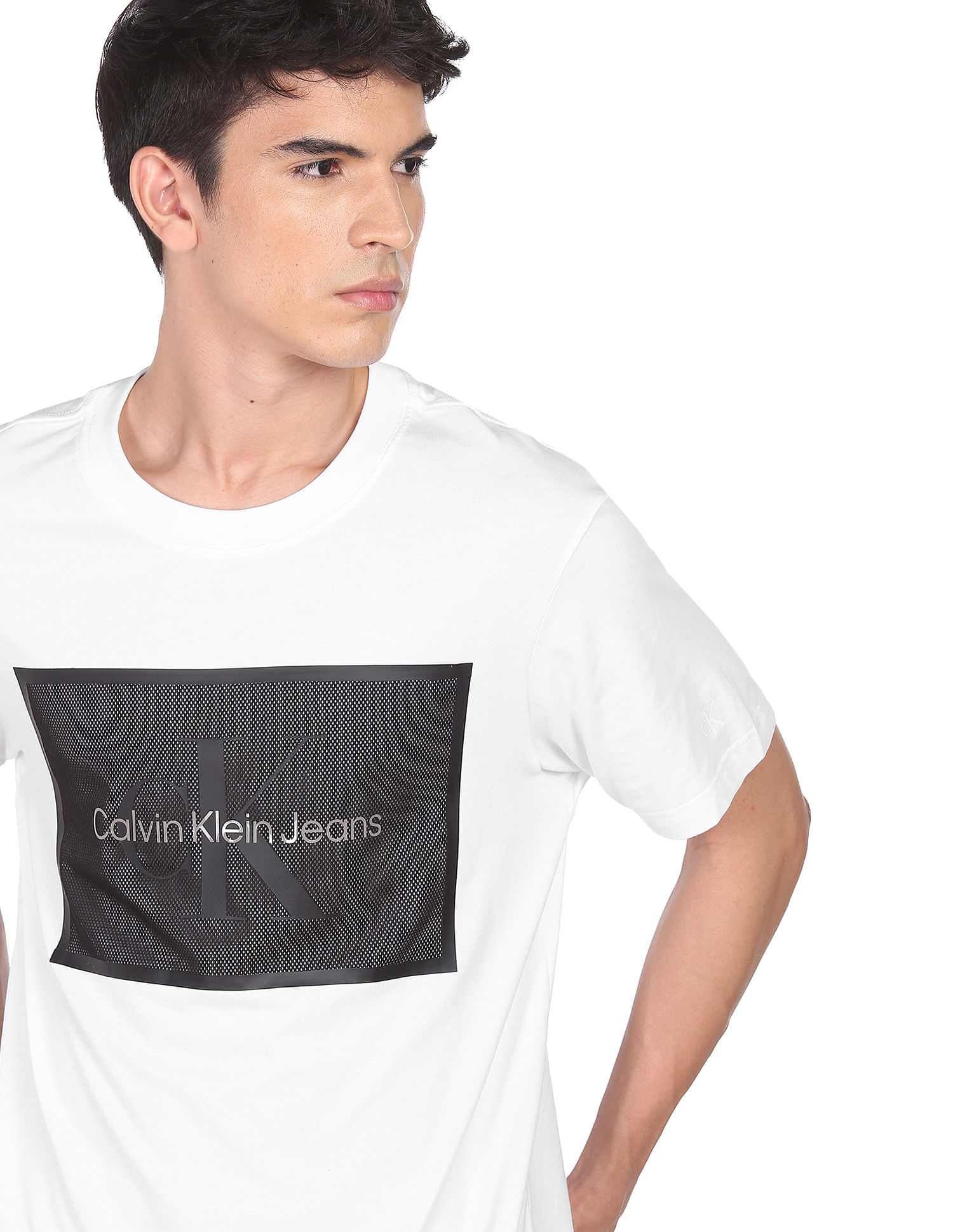 Buy Calvin Klein Men White Mesh Box Logo Organic Cotton T-Shirt 