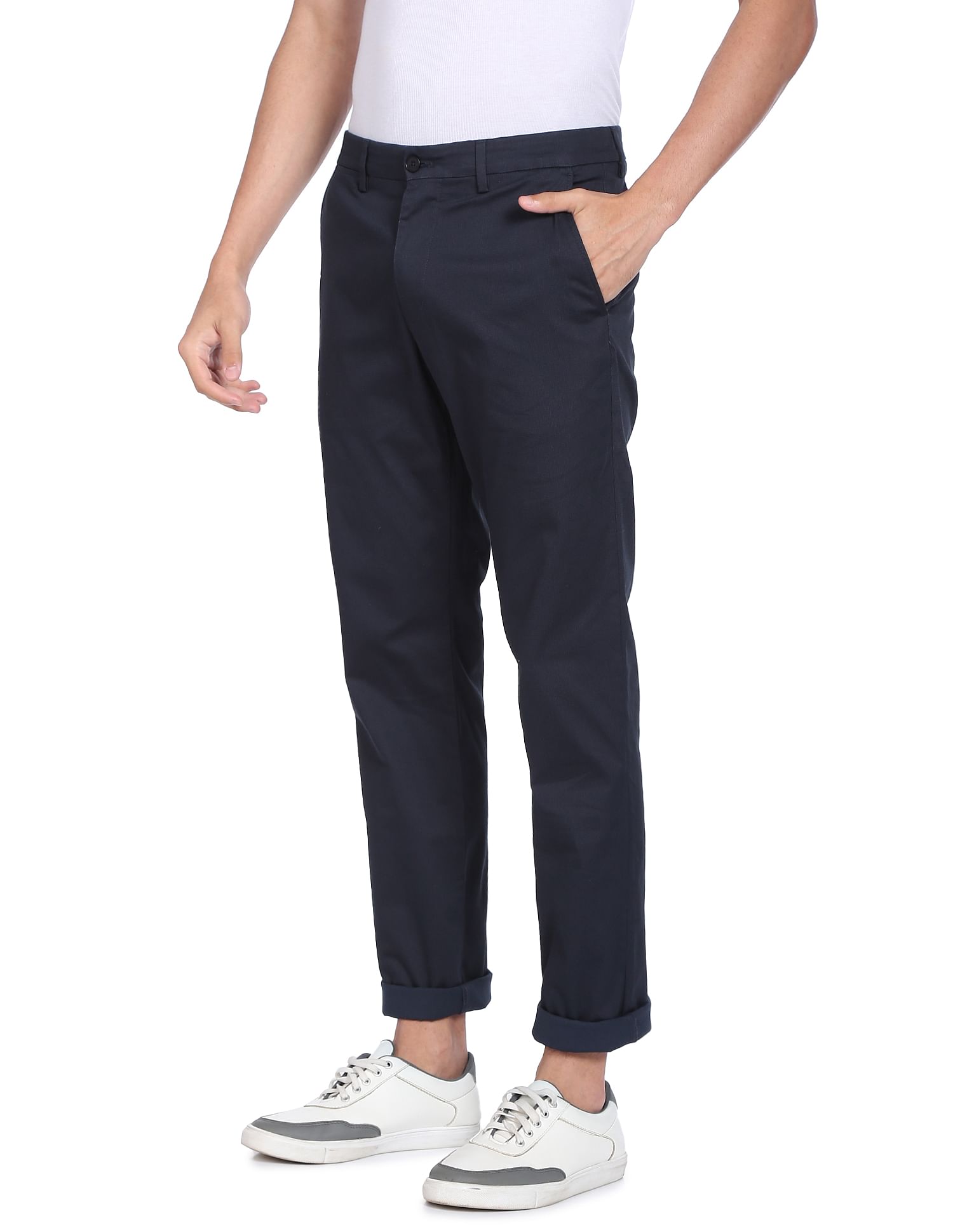 Tommy Hilfiger Men Navy Micro Check Denton Straight Fit Casual Trousers