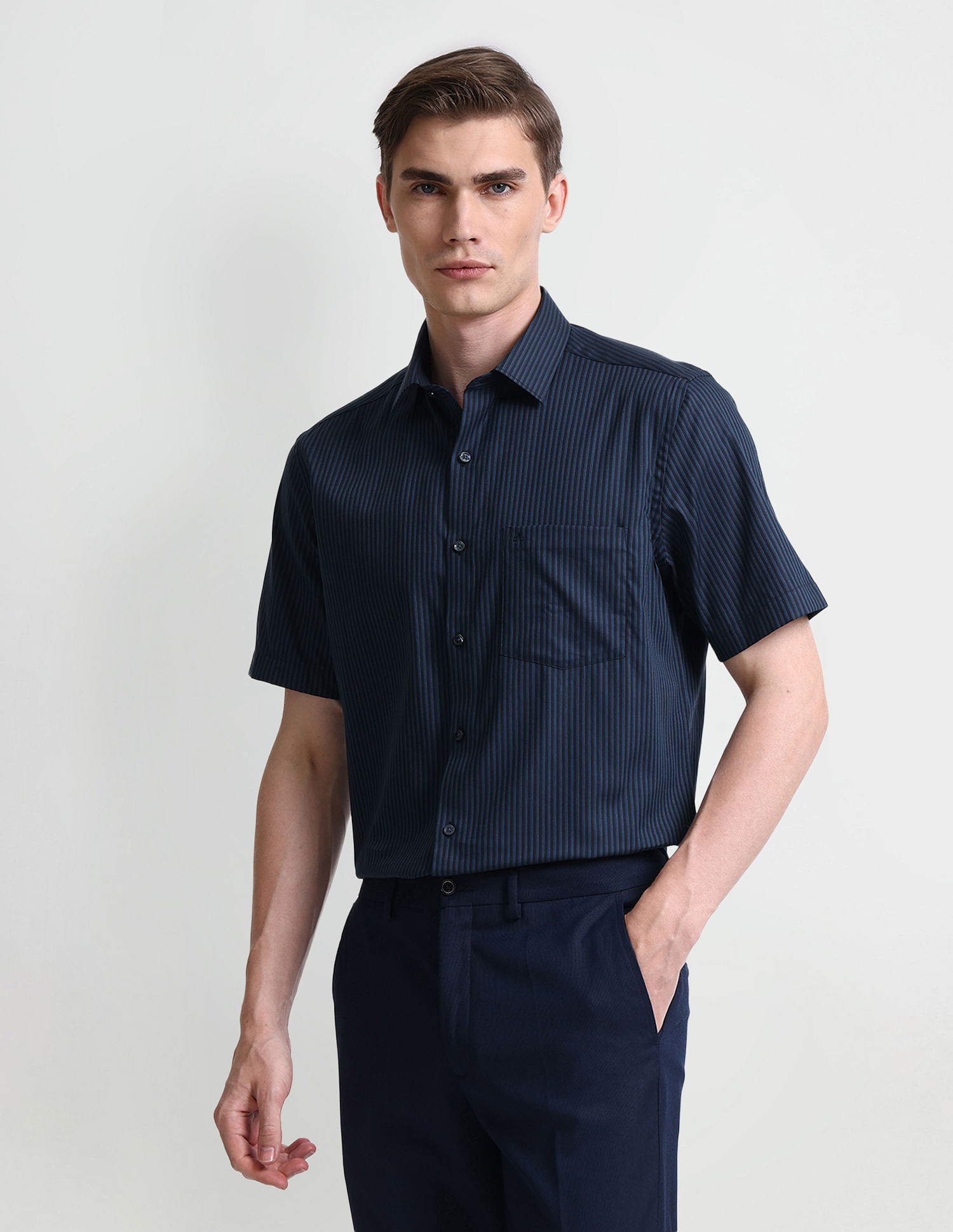 Arrow Short Sleeve Vertical Stripes Shirt