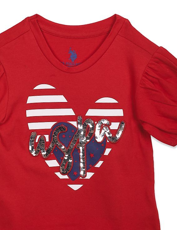 U.S. Polo Assn. Kids Girls Red Puff Sleeve Embellished Logo T-Shirt