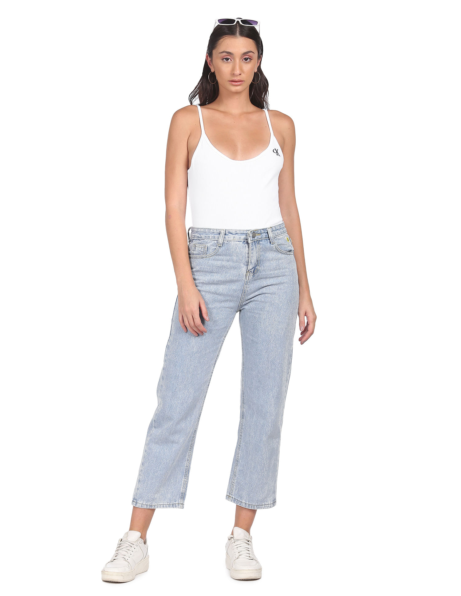 Calvin Klein Jeans Women White Scoop Neck Sleeveless Logo Bodysuit