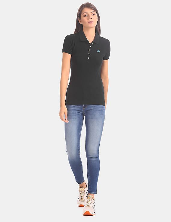 Aeropostale Women Black Short Sleeve Solid Cotton Stretch Polo Shirt