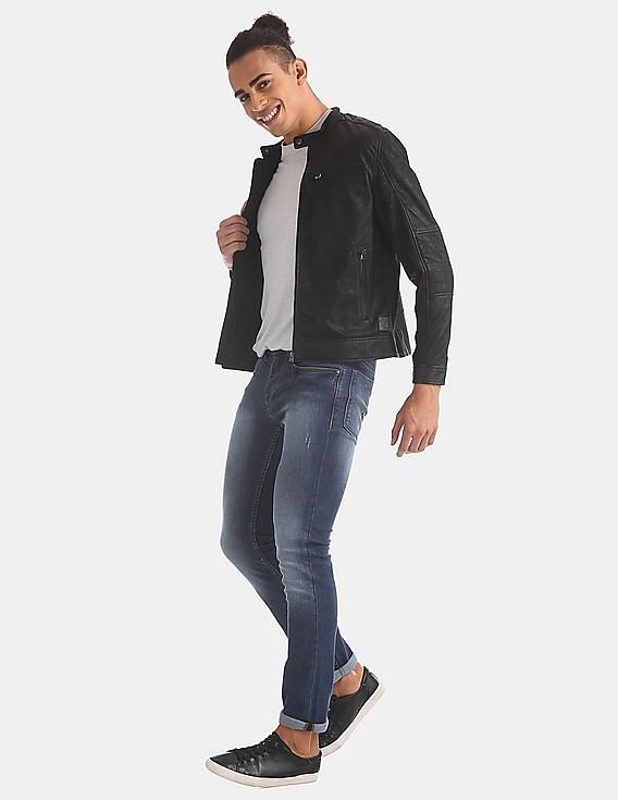 U.S. Polo Assn. Denim Co. Genuine Leather Panelled Biker Jacket