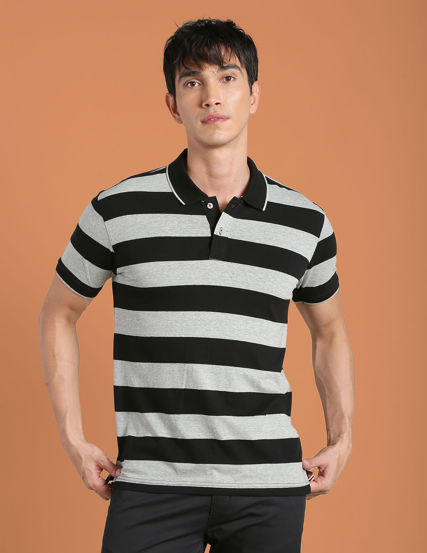 Flying Machine Horizontal Stripe Tipped Collar Polo Shirt