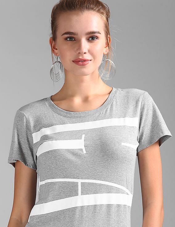GAP Women Grey Crew Neck Logo Print T-Shirt