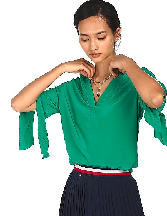 Tommy Hilfiger Women Green Notch Collar Solid Top