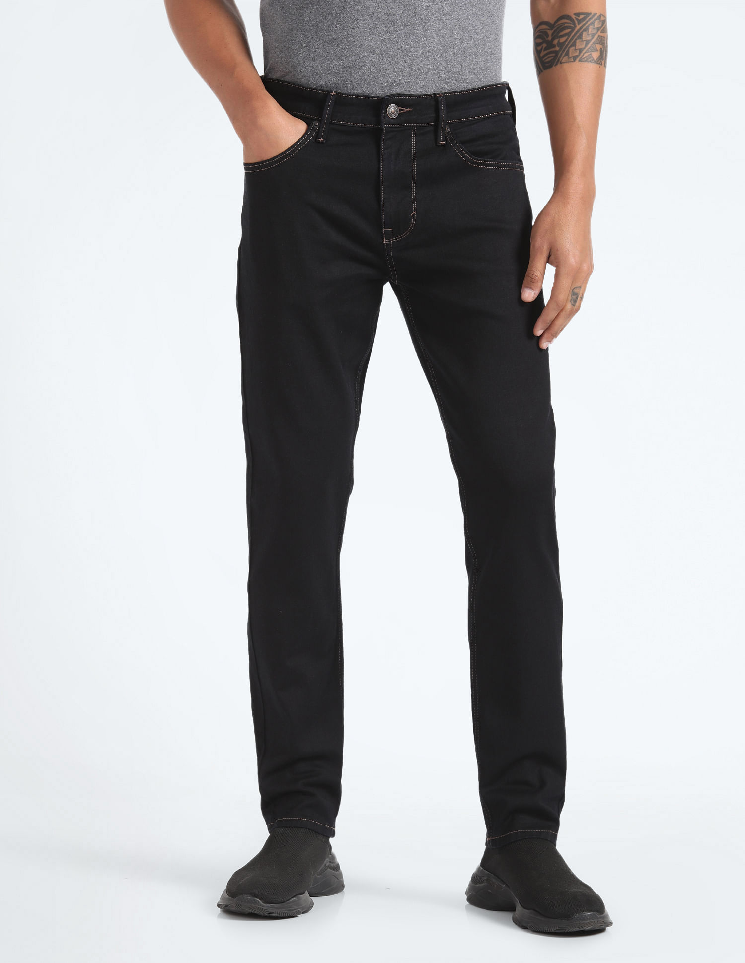 Flying Machine Mid Rise Slash Slim Tapered Jeans