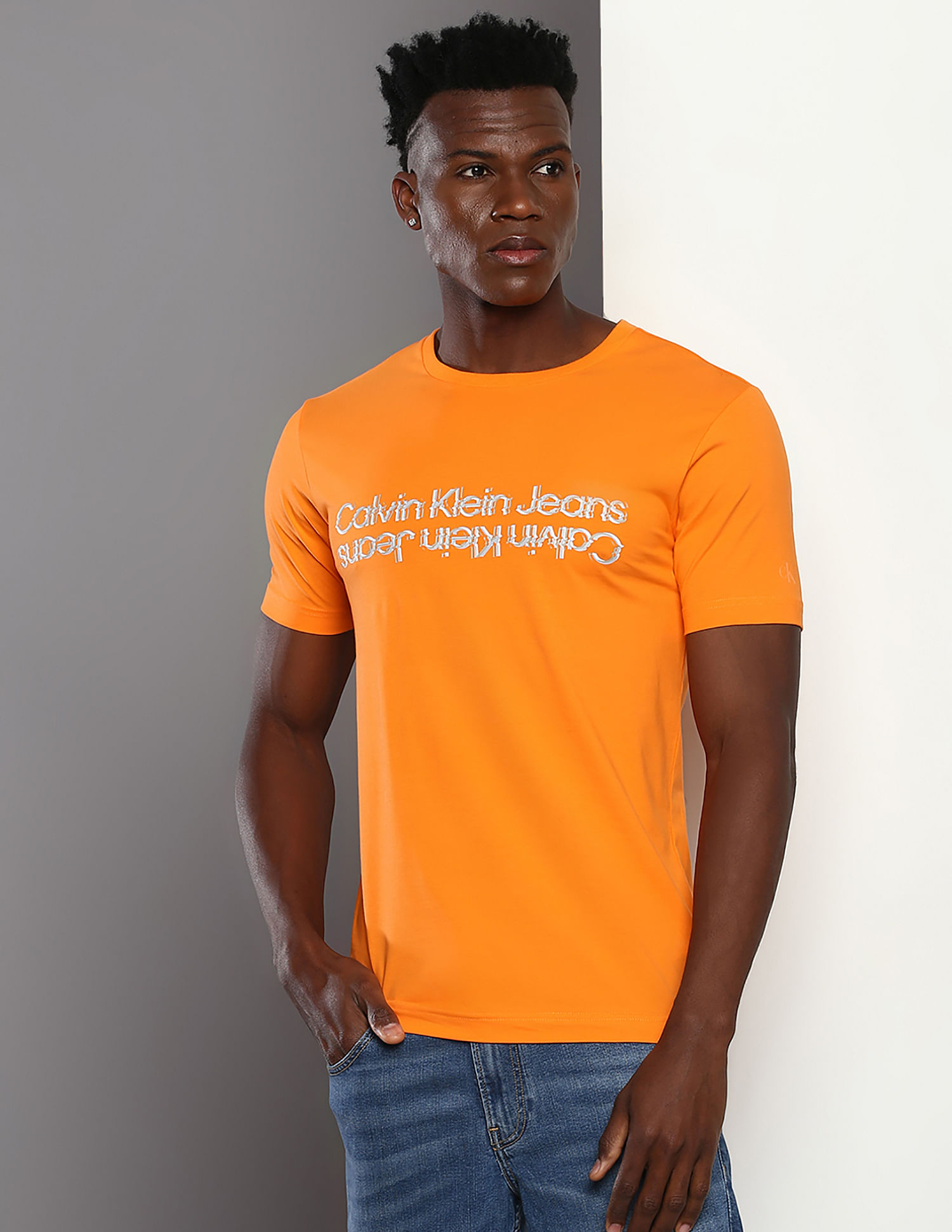 Crew Jeans Klein Logo Buy Neck Glitch T-Shirt Slim Calvin