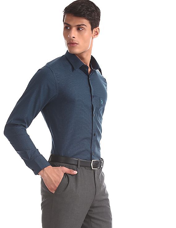 USPA Tailored Blue Tailored Regular Fit Checked Shirt