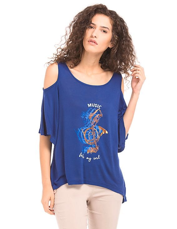 Buy SUGR Printed Cold Shoulder Top 