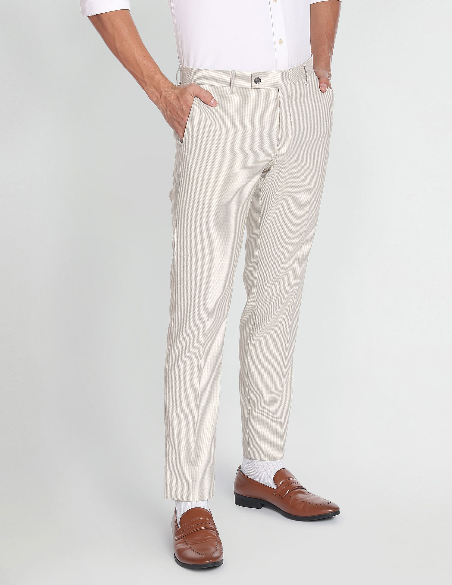 Buy Men Beige Slim Fit Check Flat Front Formal Trousers Online - 742042 |  Louis Philippe