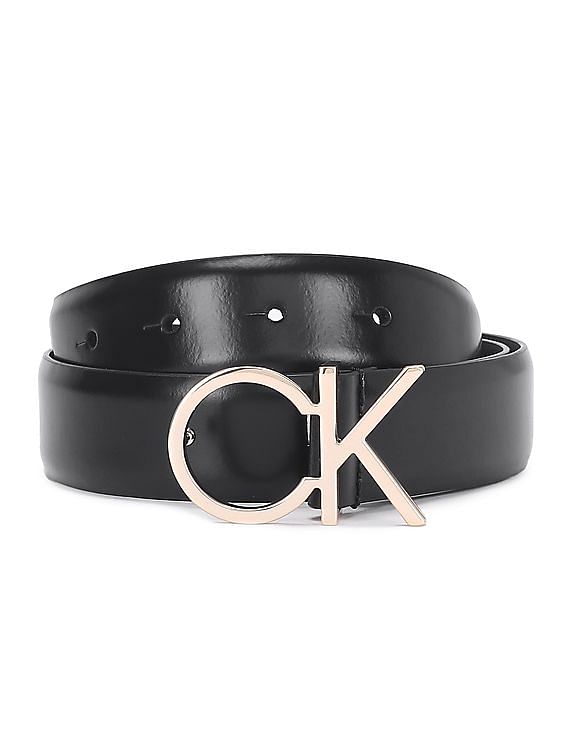 Calvin Klein Women Black Monogram Buckle Leather Belt