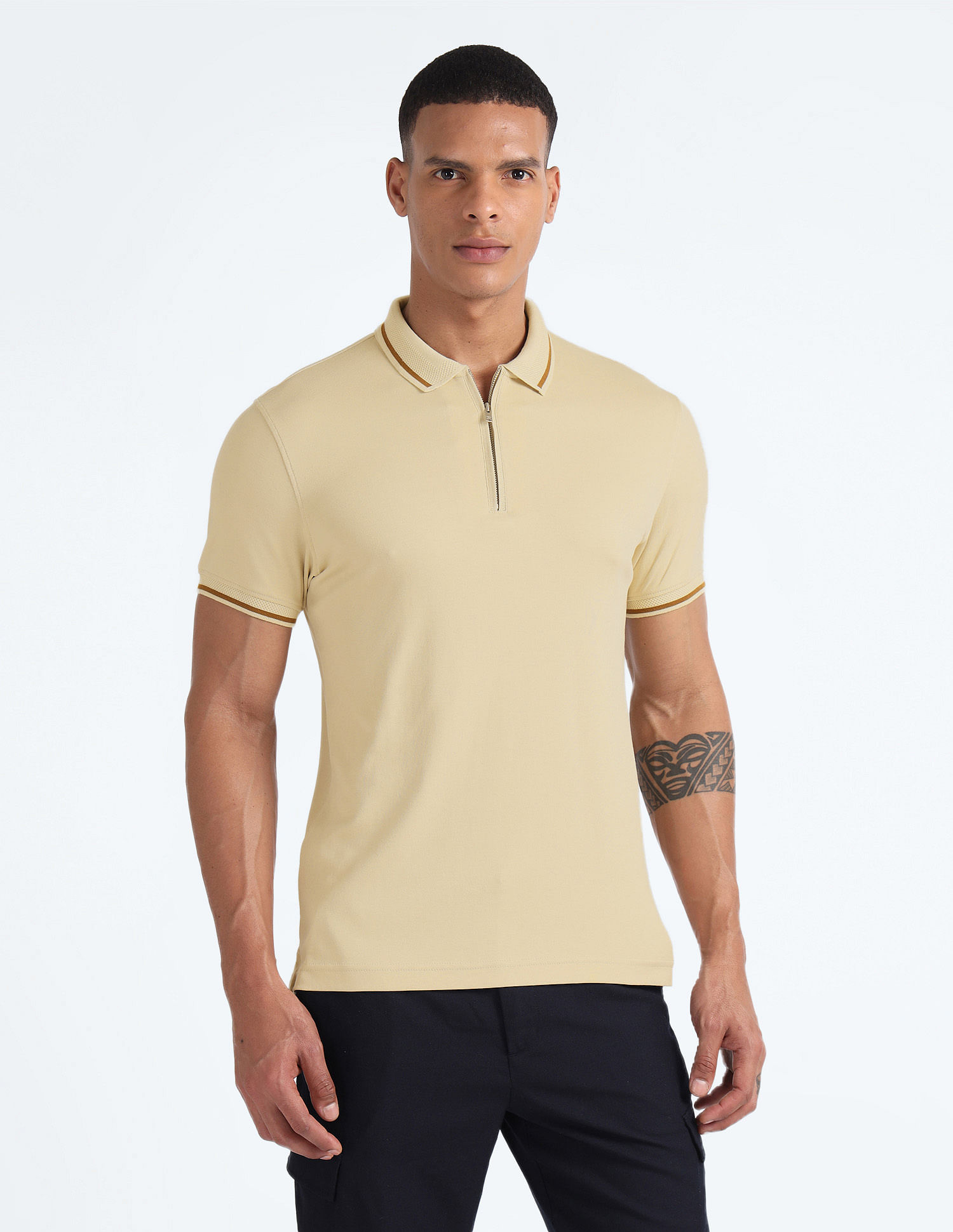Flying Machine Solid Zipper Polo Shirt