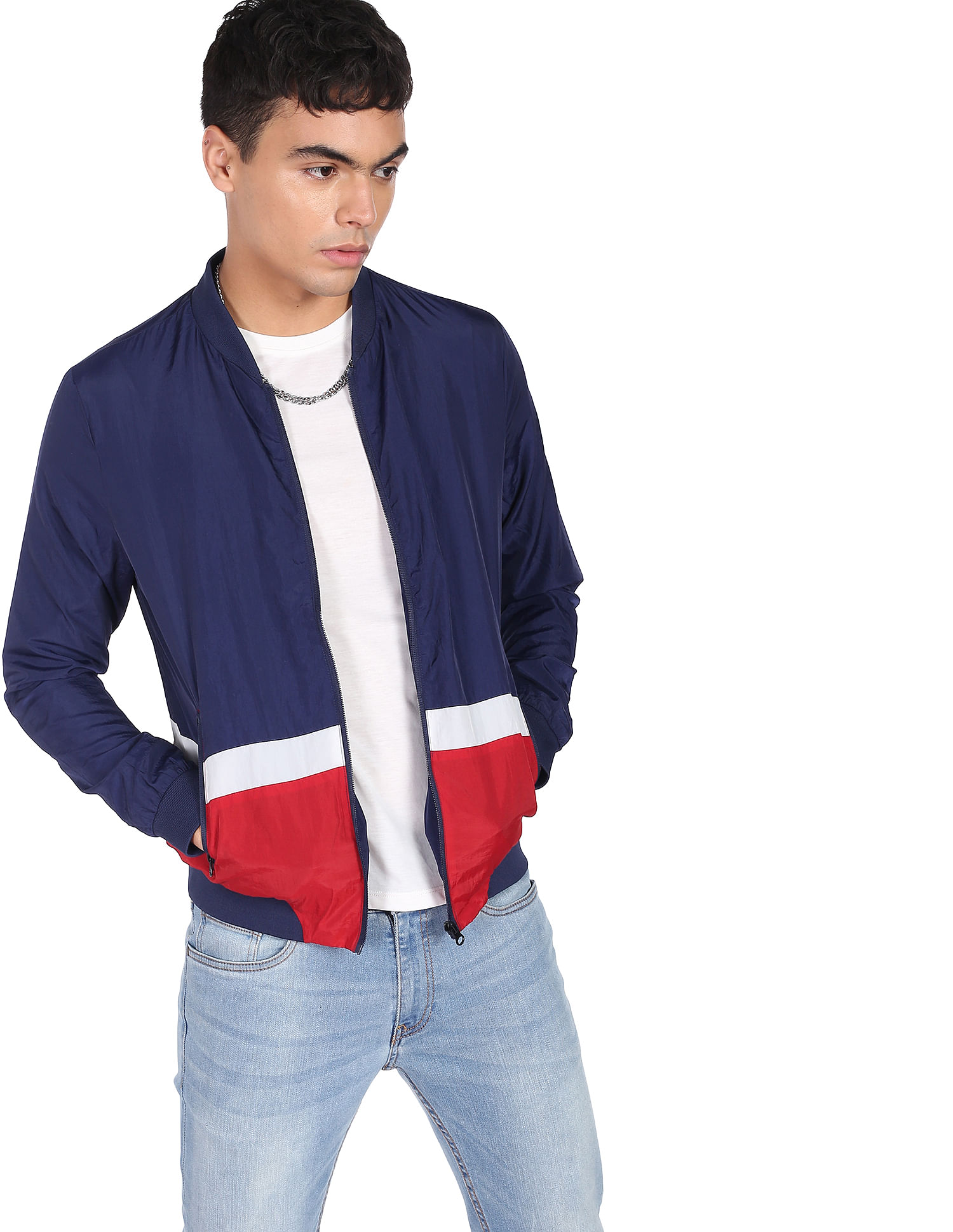 Flying Machine Stand Collar Colour Block Bomber Jacket