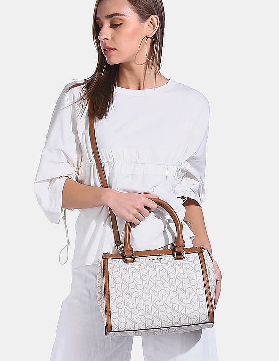 Buy Calvin Klein Women Off White Monogram Print Mercy Satchel NNNOW