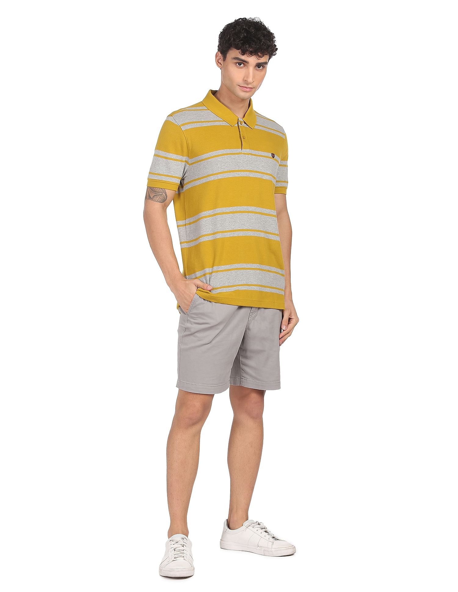 AD by Arvind Cotton Horizontal Striped Polo Shirt