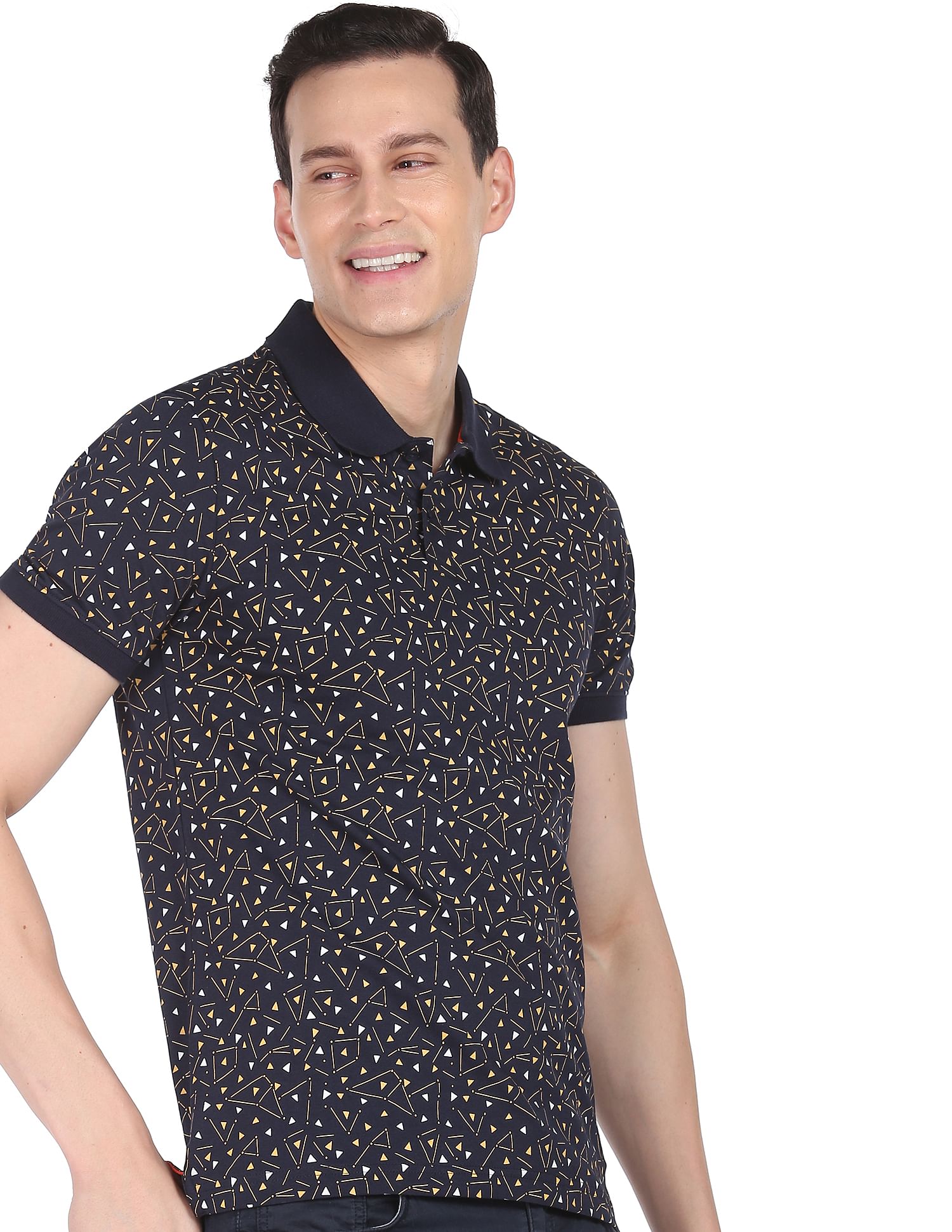 AD by Arvind Geometric Print Cotton Polo Shirt