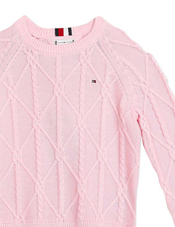 Buy Tommy Hilfiger Kids Girls Light Pink Crew Neck Cable Knit Sweater NNNOW