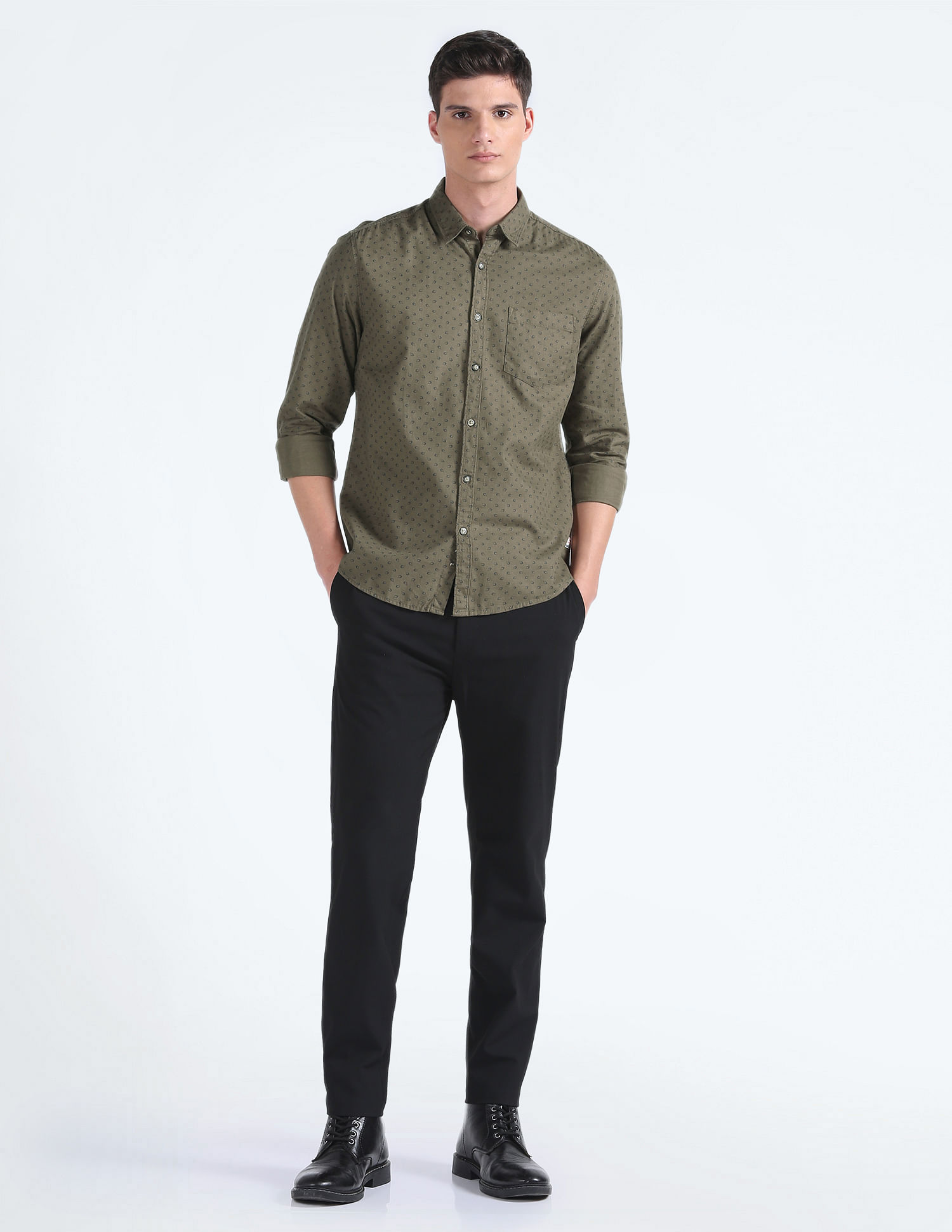 Flying Machine Geometric Print Herringbone Weave Shirt