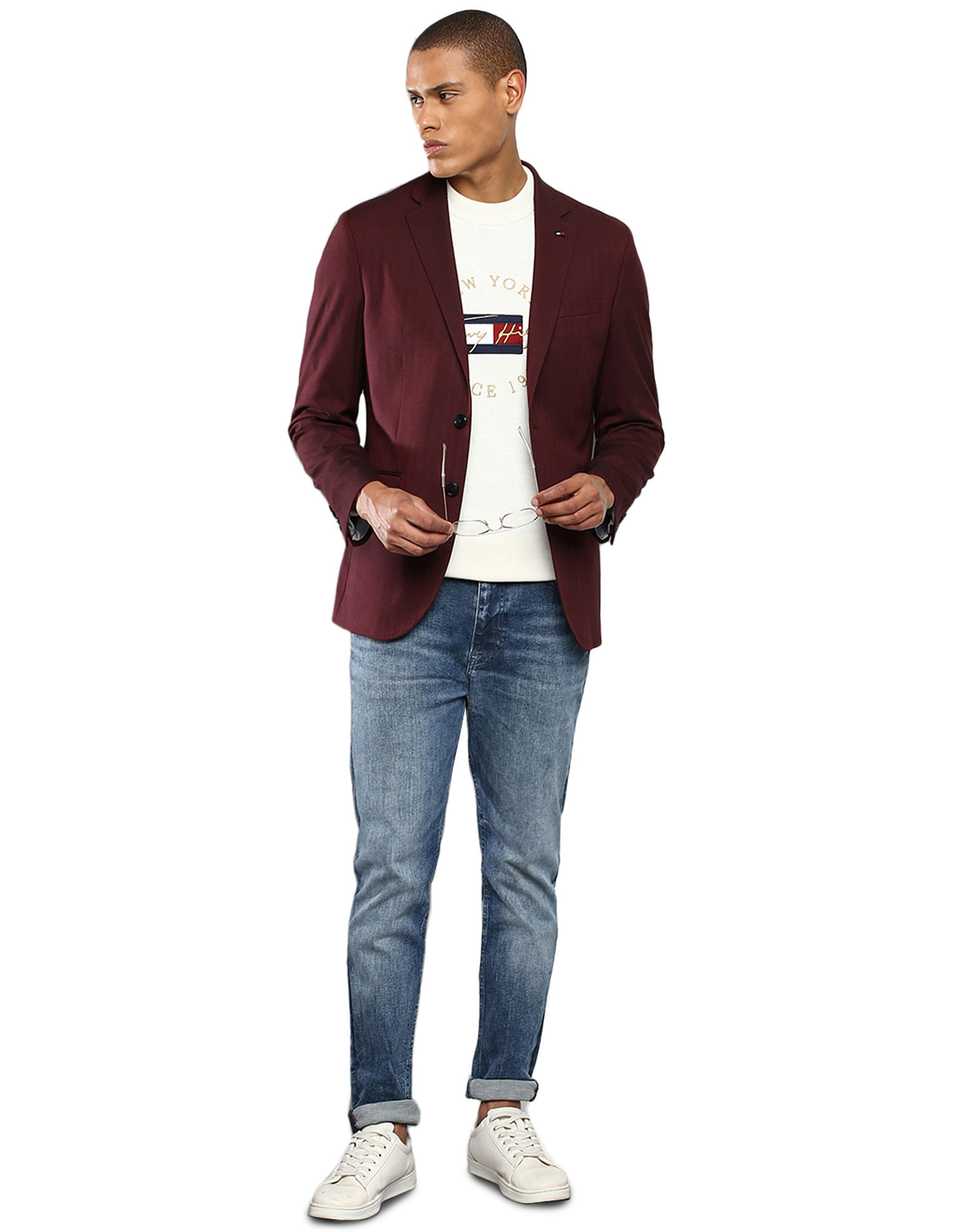 Tommy Hilfiger Men Burgundy Solid Herringbone  Formal Blazer