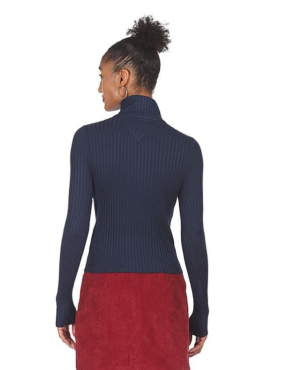 Buy Tommy Hilfiger Women Navy Turtle Neck Half Zip Through Sweater