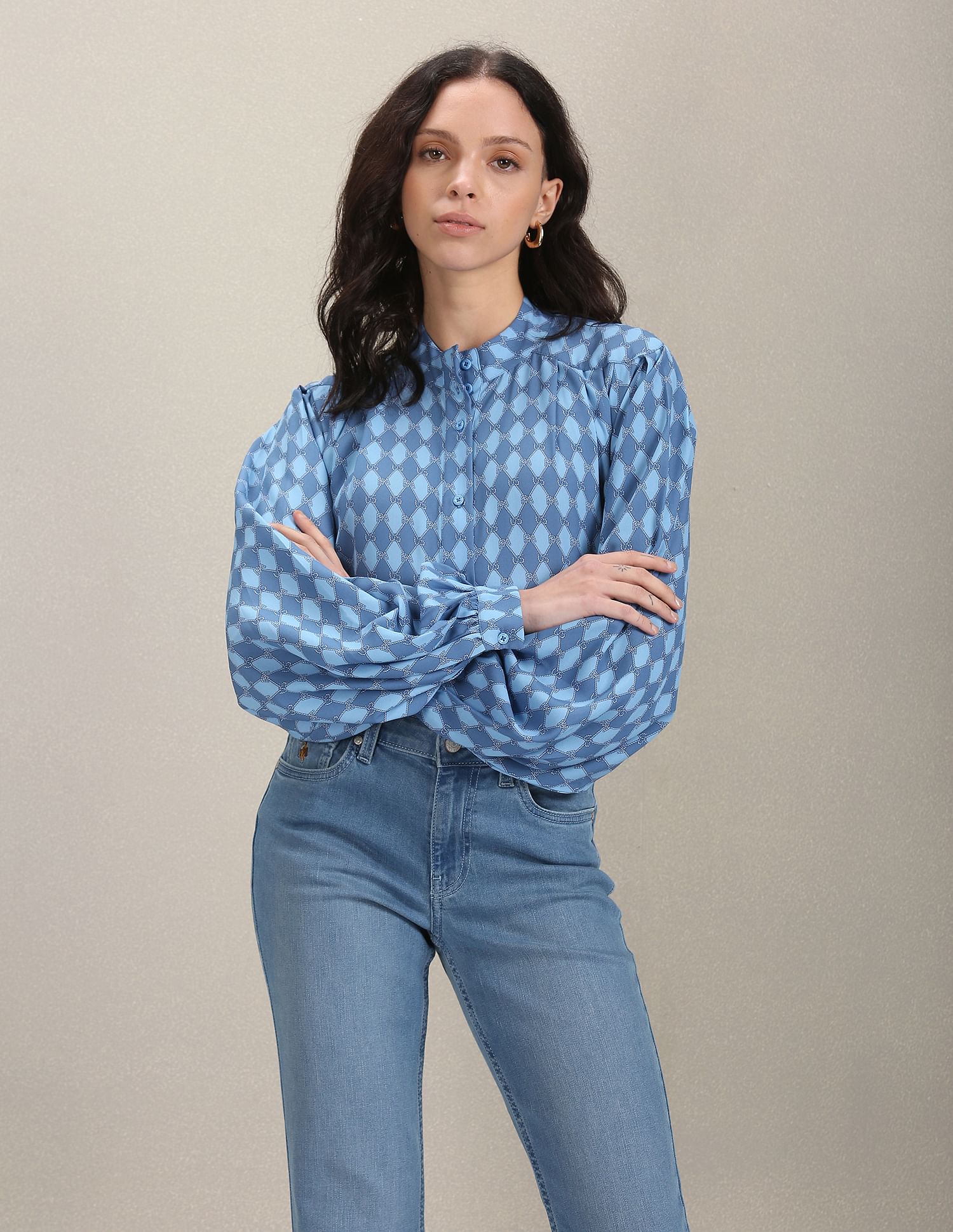 U.S. Polo Assn. Women Mock Neck Graphic Print Shirt