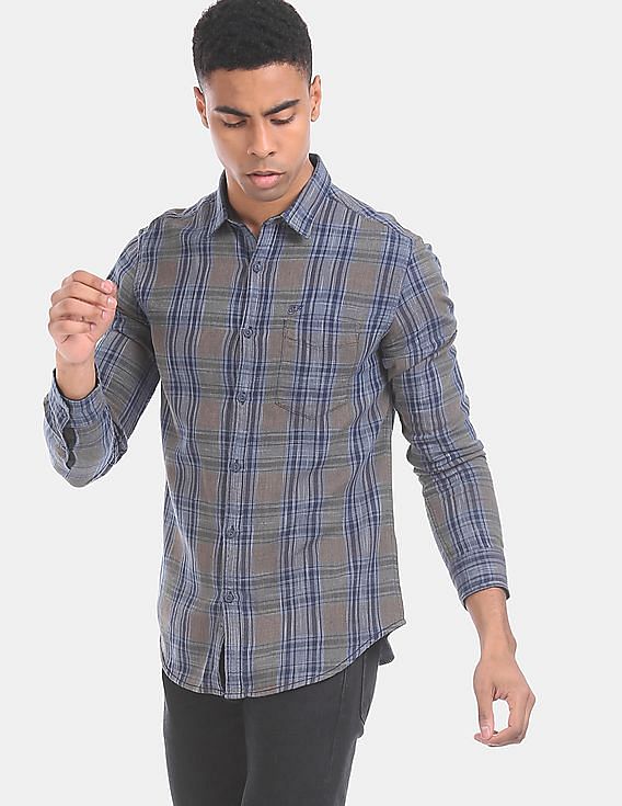 Mens Slim Collar Check Casual Shirt