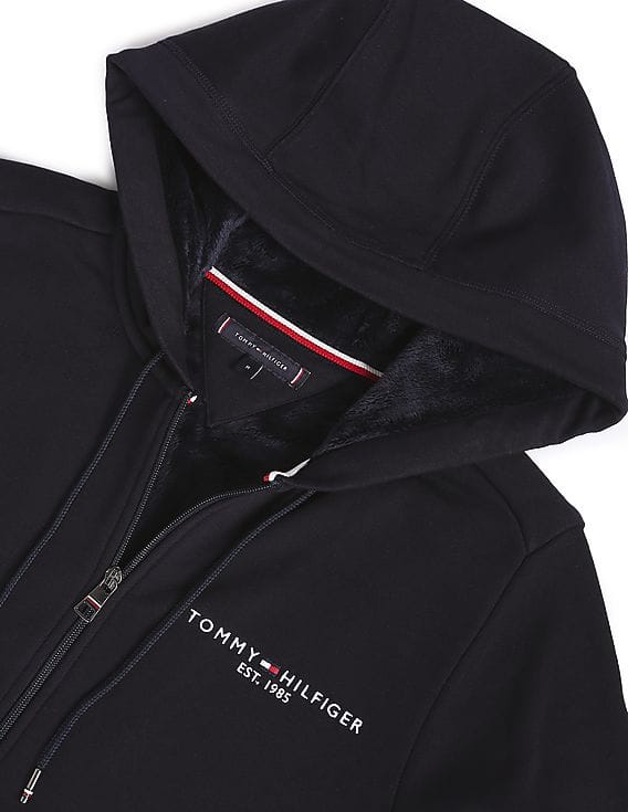 Buy Tommy Hilfiger Men Navy Embroidered Logo Fur Lined Hooded 