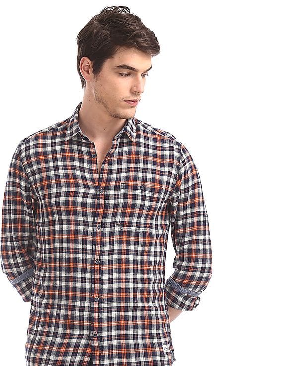 Buy Men Orange Check Regular Fit Shirt 