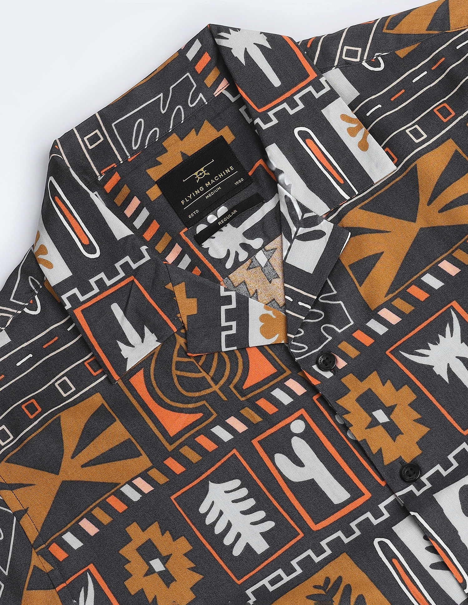 Flying Machine Graphic Print Cuban Collar Shirt