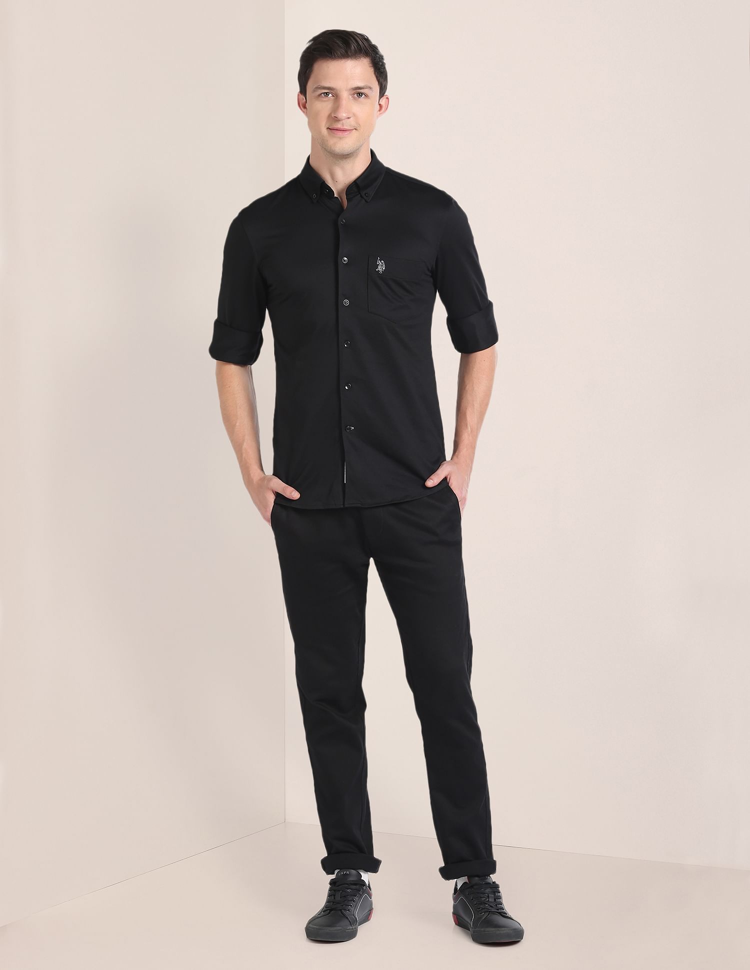 Mens black button down cheap collar shirt