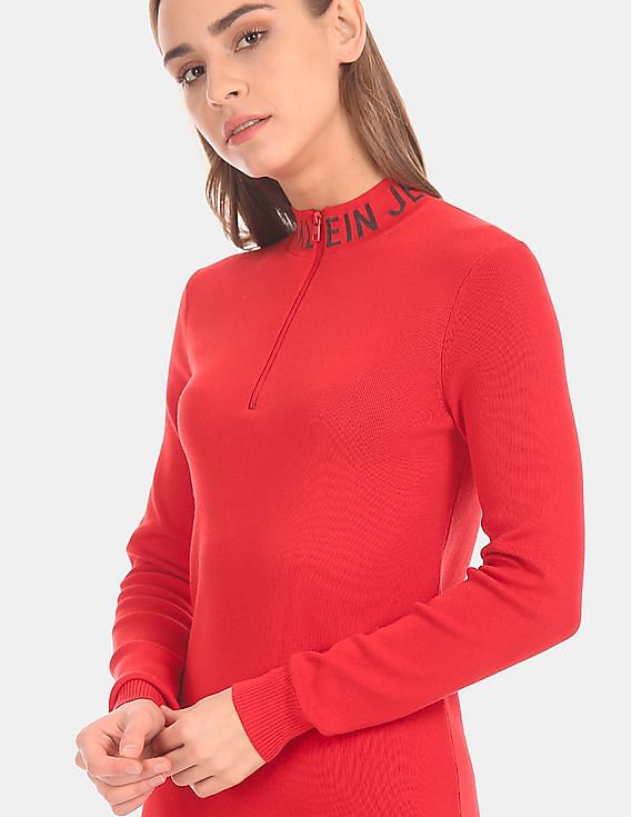 Calvin Klein Women Red Logo Neck Fitted Sweater Dress