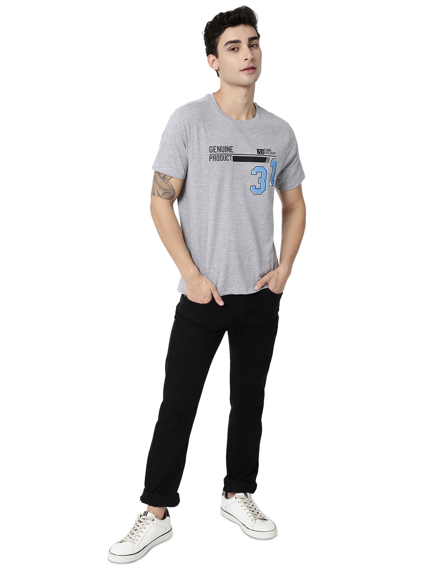 AD by Arvind Crew Neck Typographic Print Cotton T-Shirt