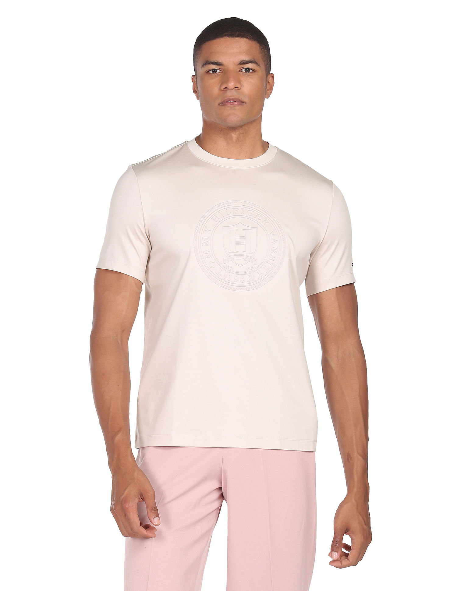 Tommy Hilfiger Men Beige Embossed Logo Knitted T-Shirt