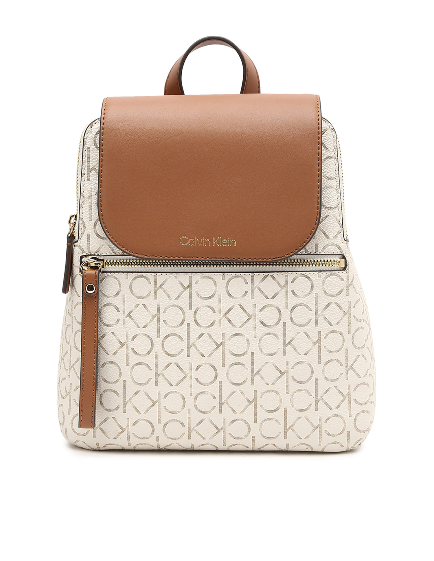 Calvin Klein White & Tan Logo Canvas Backpack Amazon.com: Calvin Klein Reyna Signature Key Item Flap  main image 2