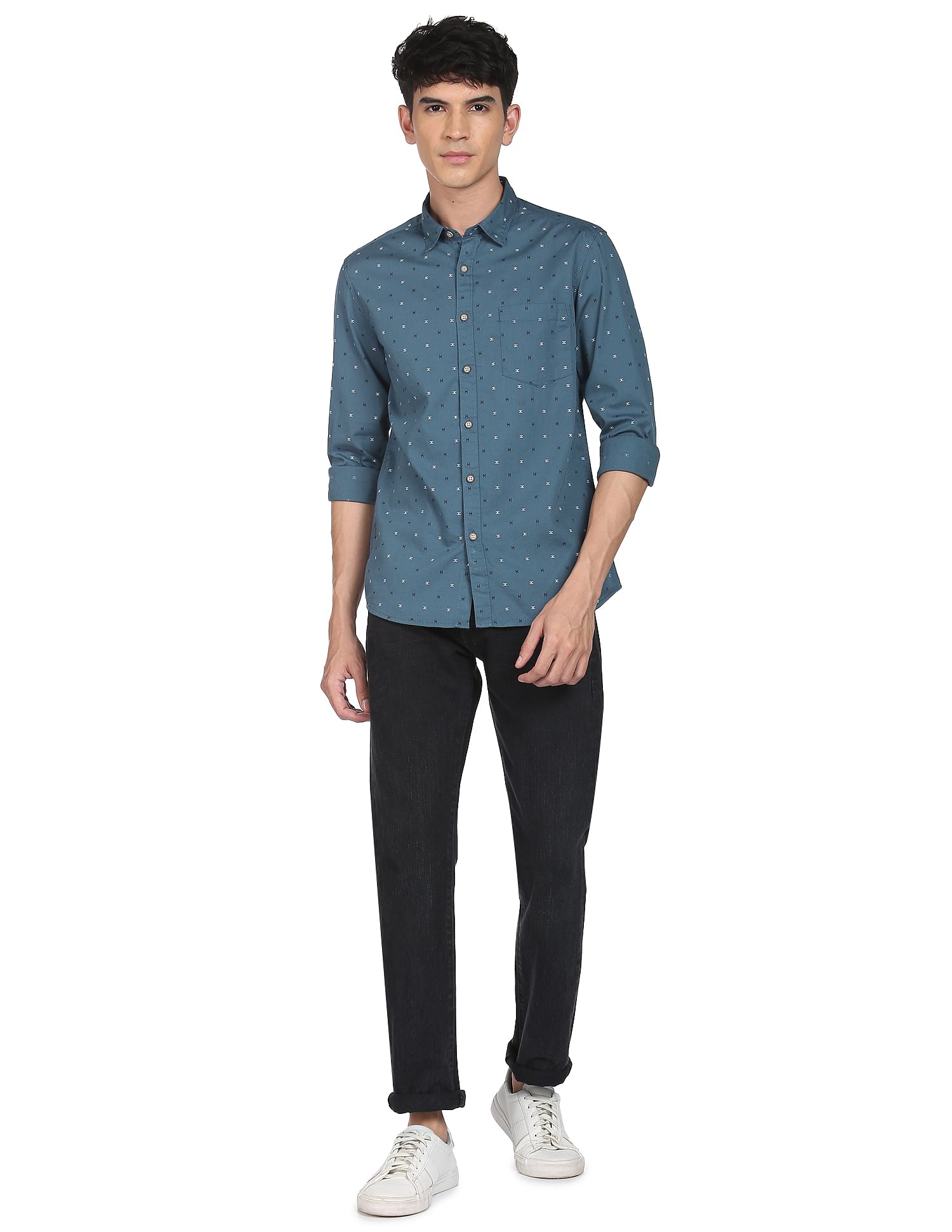 Flying Machine Spread Collar Geometric Print Shirt