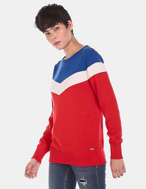 U.S. Polo Assn. Women Crew Neck Colour Block Sweater