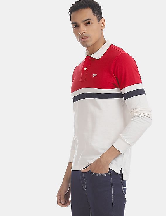 Buy Aeropostale Red And White Long Sleeve Colour Block Polo Shirt NNNOW