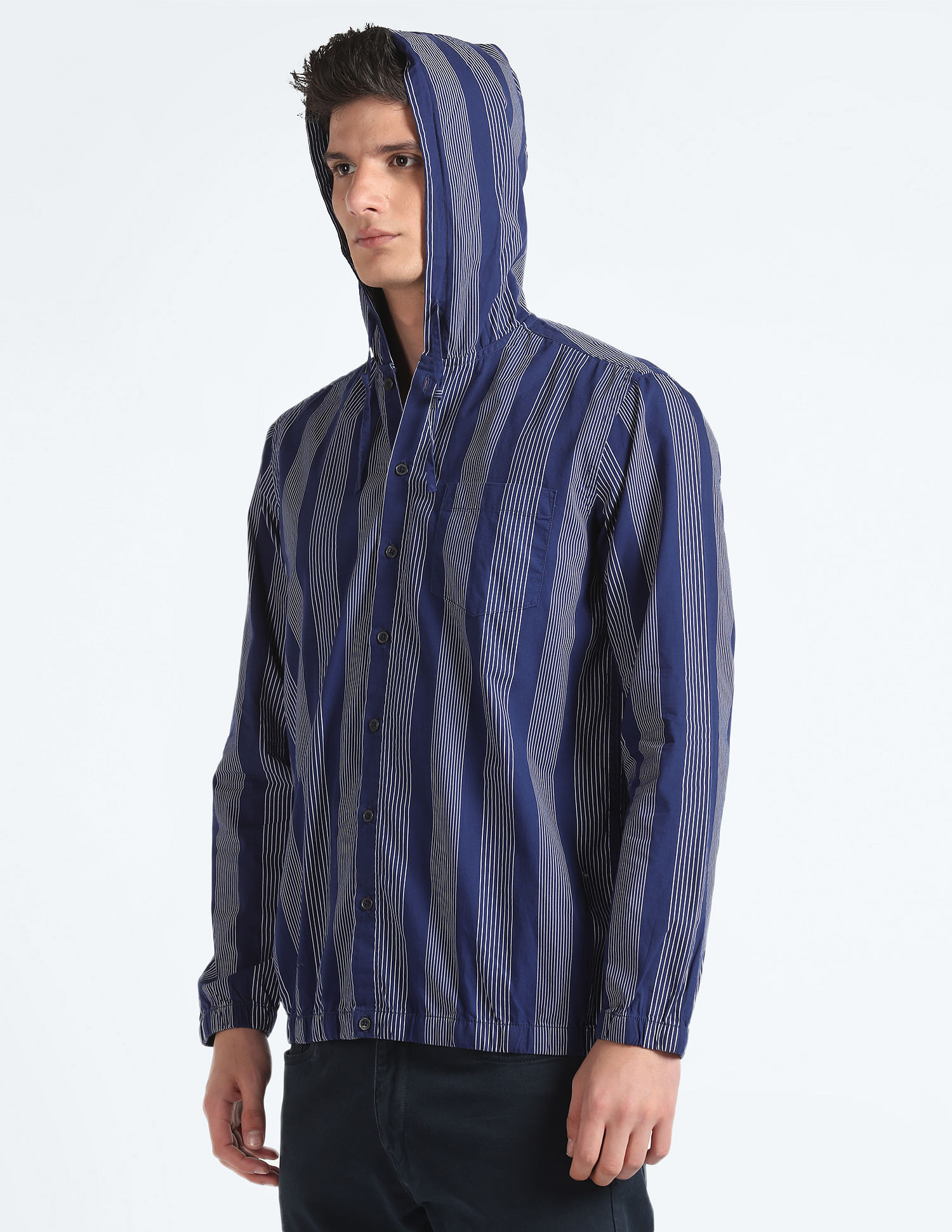 Flying Machine Hooded Vertical Striped Cotton Shirt