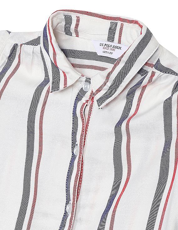 U.S. Polo Assn. Kids Girls White Spread Collar Striped Shirt
