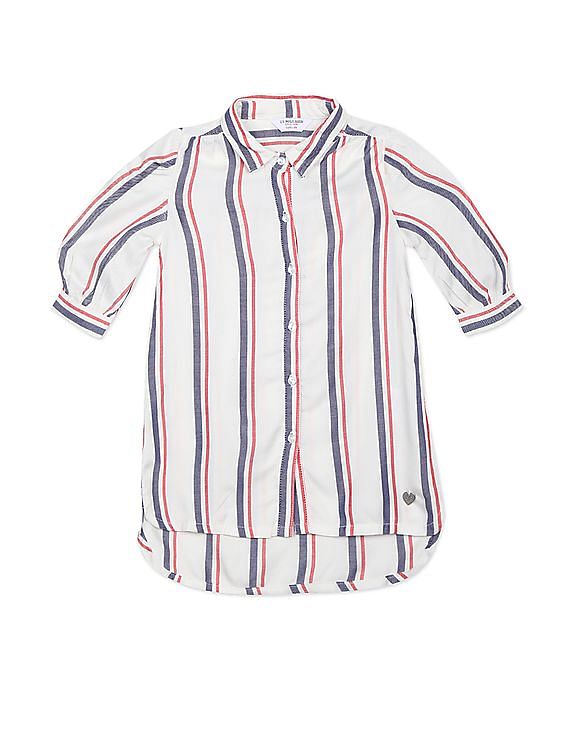 U.S. Polo Assn. Kids Girls White Spread Collar Striped Shirt