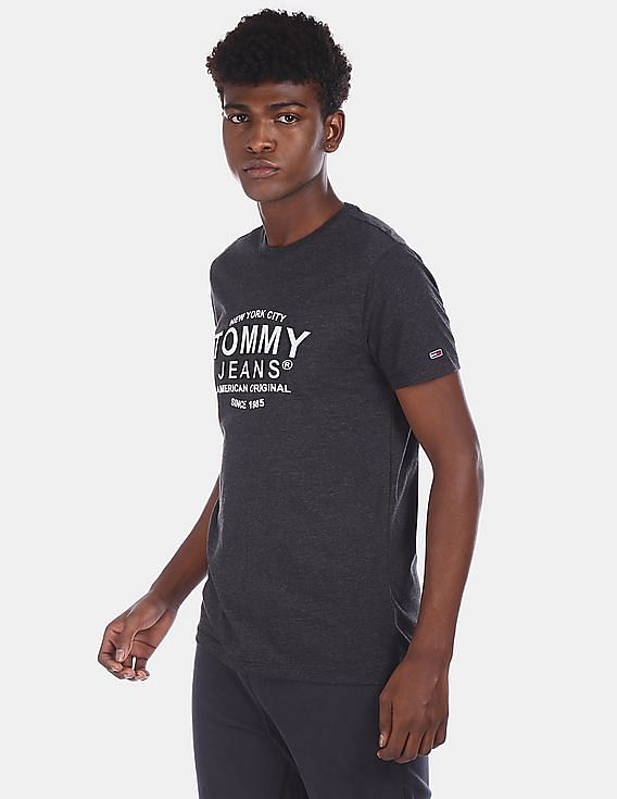 Buy Tommy Hilfiger Men Charcoal Slim Fit Embossed Logo T-Shirt