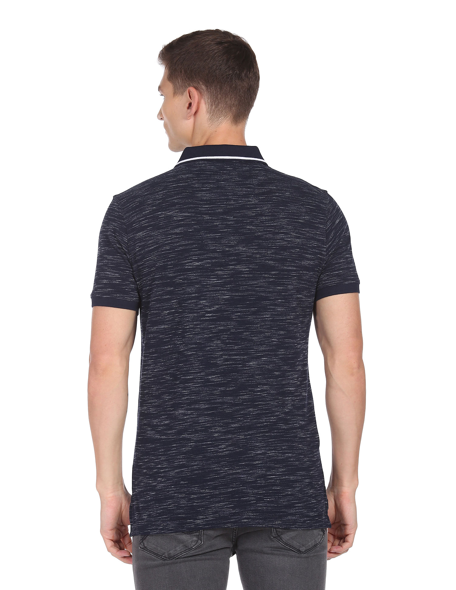 Arrow Sports Striped Collar Heathered Cotton Polo Shirt