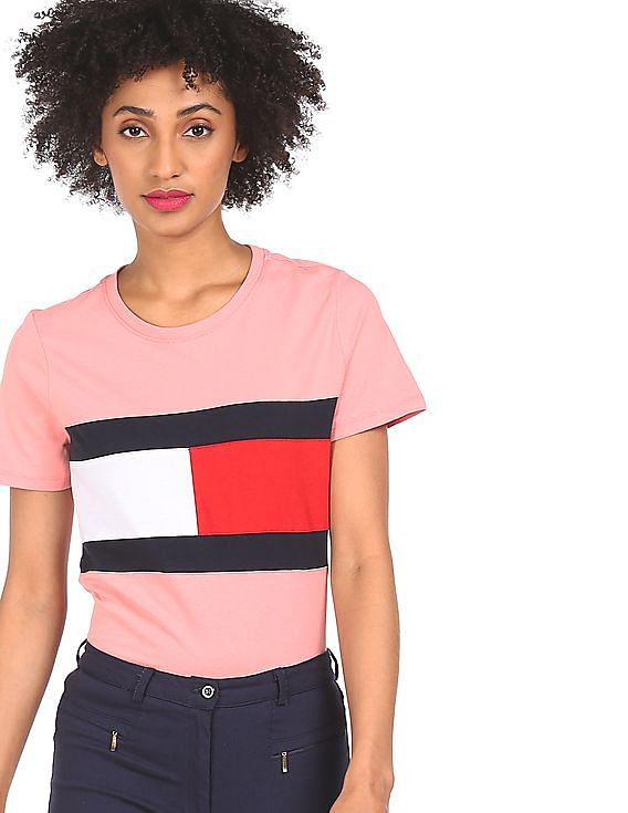 Buy Tommy Hilfiger Women Pink Cotton Colour Block T Shirt NNNOW