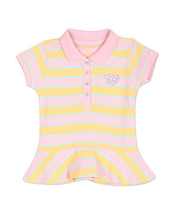 U.S. Polo Assn. Kids Girls Flared Hem Striped Polo Shirt